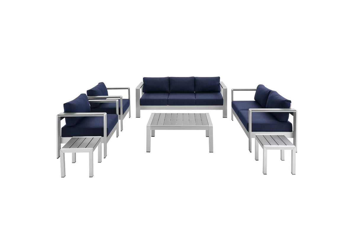 EEI-4322-SLV-NAV-SET Shore 7 Piece Sunbrella® Fabric Outdoor Patio Aluminum Set By Modway