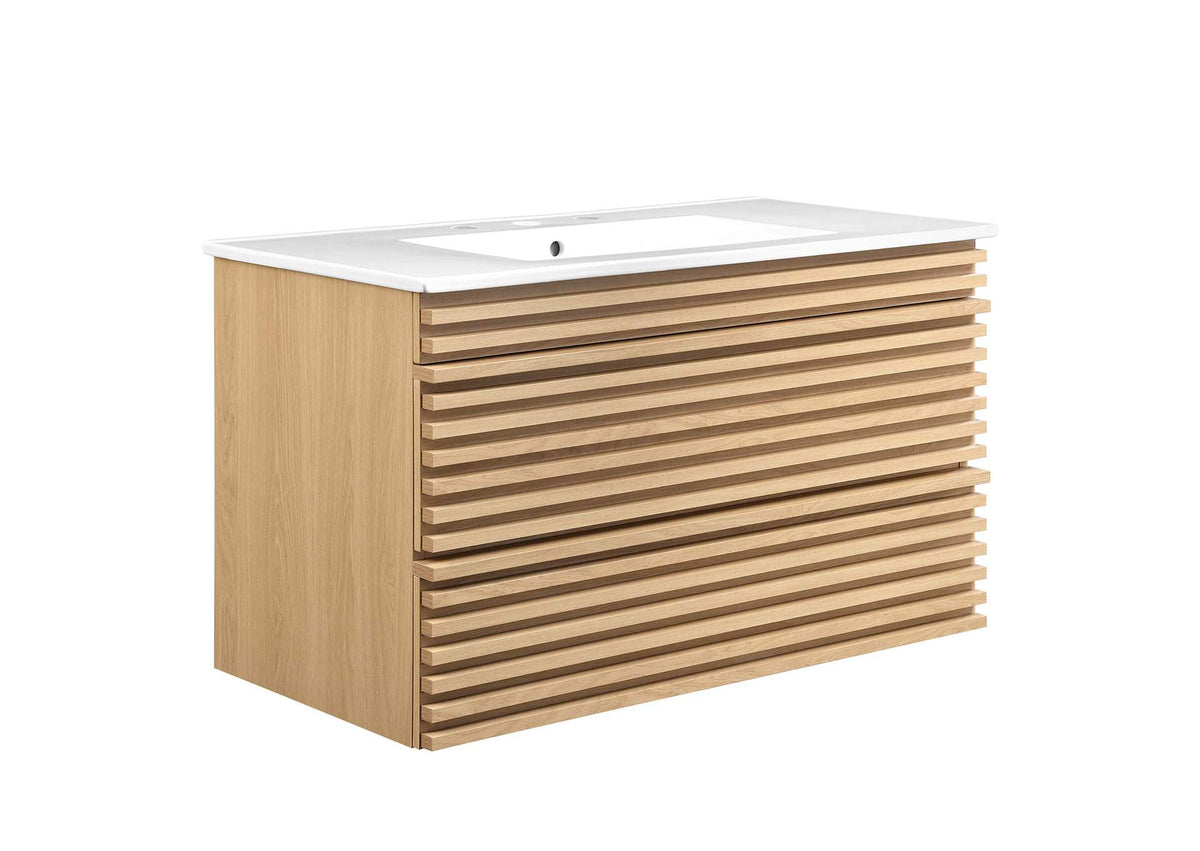EEI-4436-OAK-WHI Render 36" Wall-Mount Bathroom Vanity By Modway
