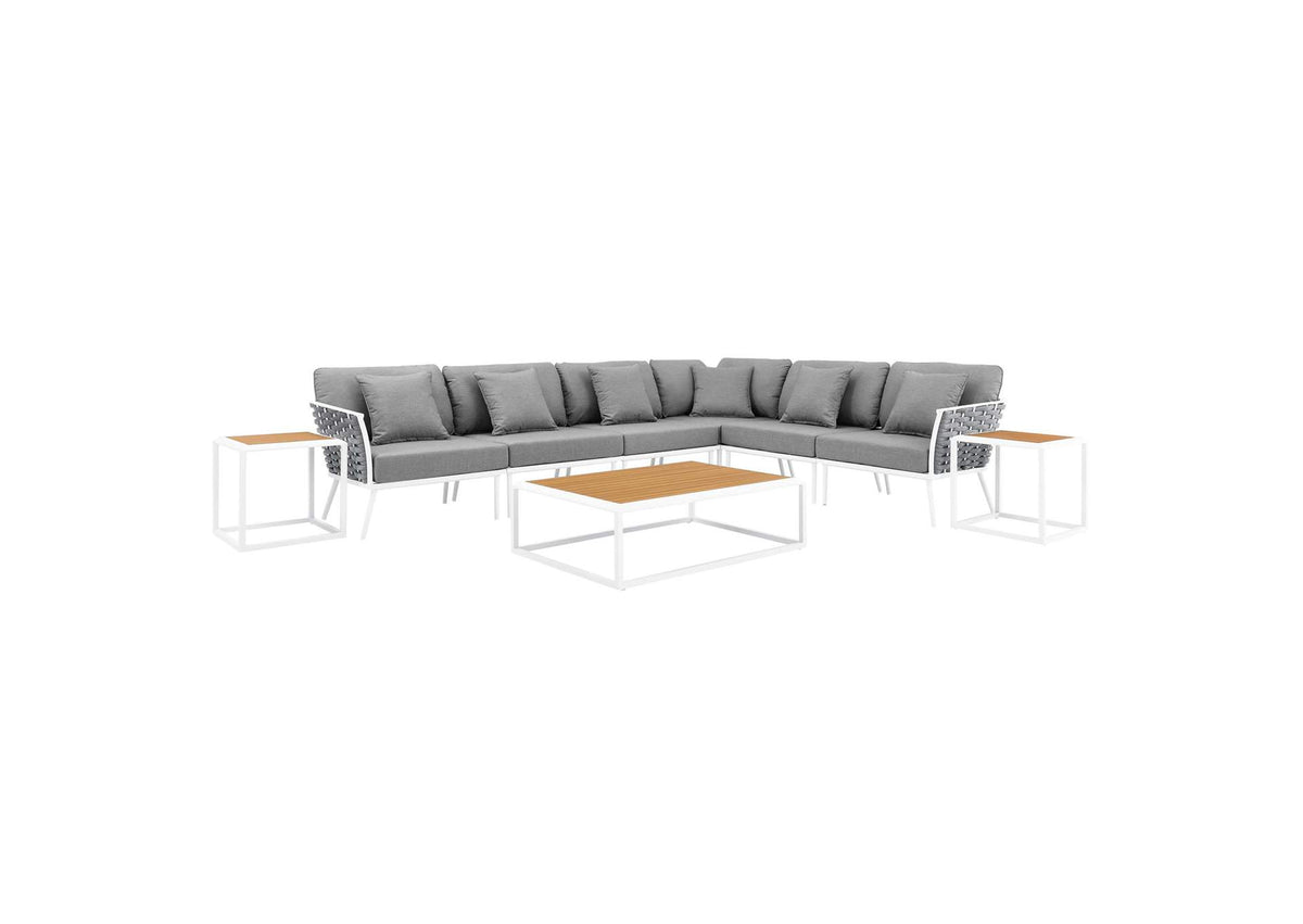 EEI-5758-WHI-GRY Stance 9 Piece Aluminum Outdoor Patio Aluminum Sectional Sofa Set By Modway