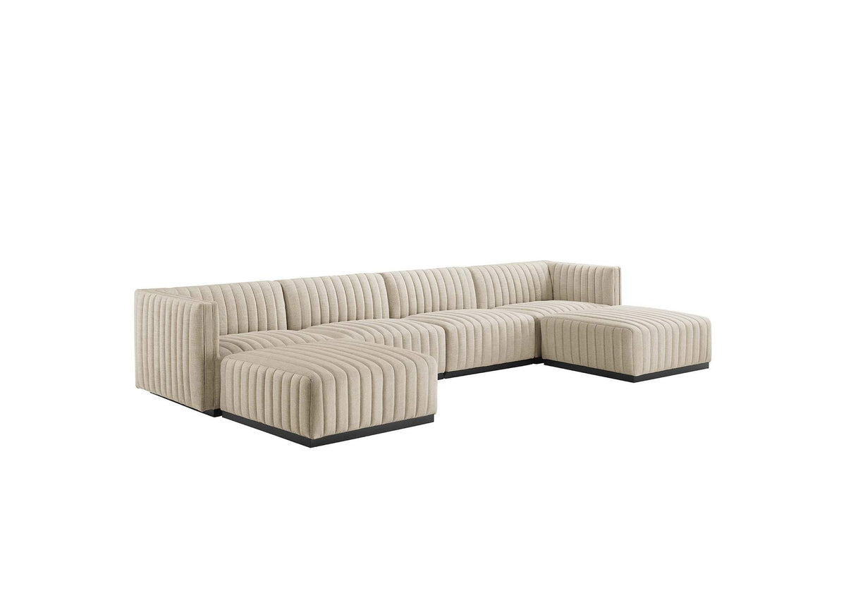 EEI-5790-BLK-BEI Conjure 6-Piece Channel Tufted Upholstered Fabric Sectional Sofa By Modway