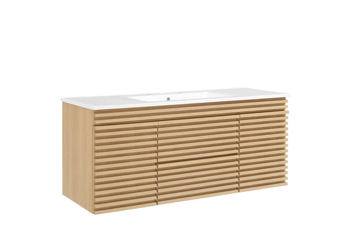 EEI-5801-OAK-WHI Render 48" Wall-Mount Bathroom Vanity By Modway