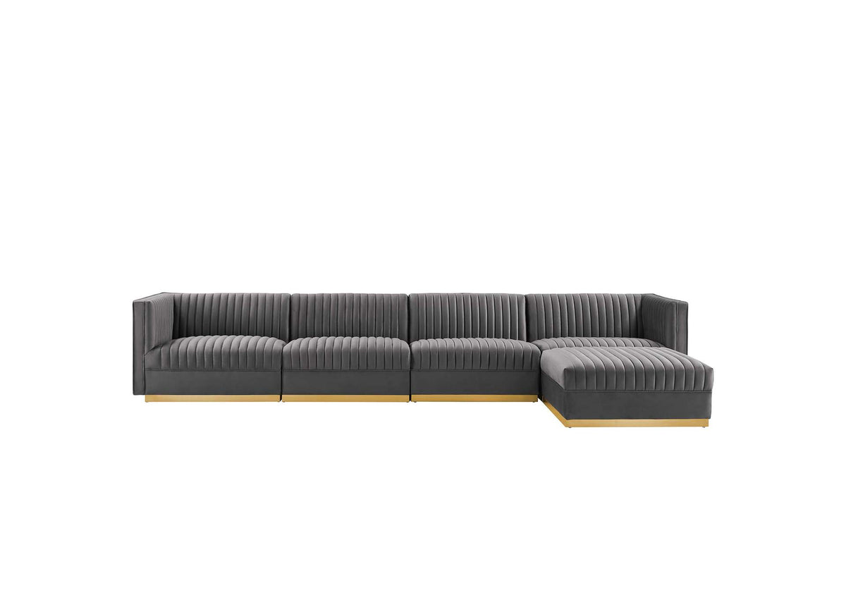 EEI-5828-GRY Sanguine 5 Piece Channel Tufted Performance Velvet Modular Sectional Sofa By Modway