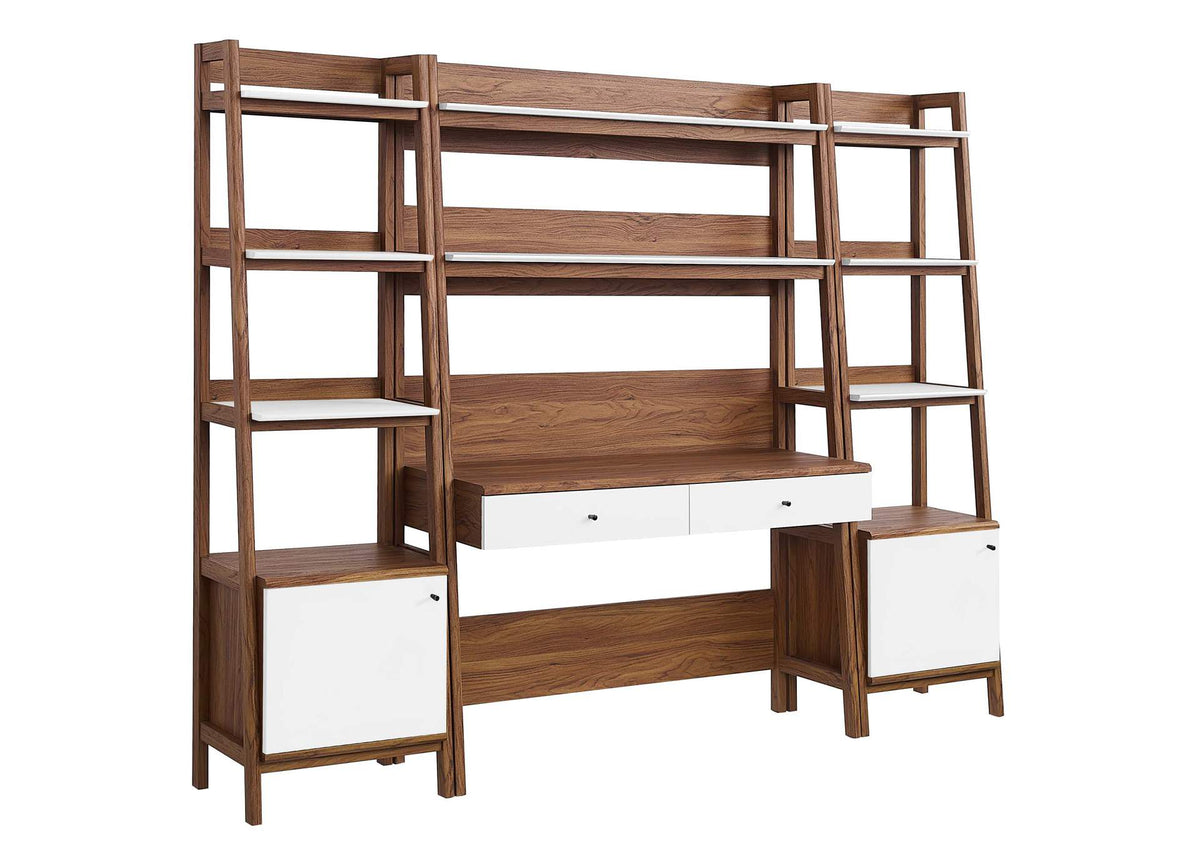 EEI-6114-WAL-WHI Bixby 3-Piece Wood Office Desk And Bookshelf By Modway