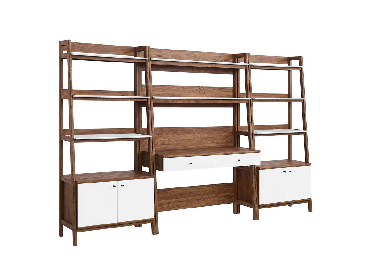 EEI-6115-WAL-WHI Bixby 3-Piece Wood Office Desk And Bookshelf By Modway