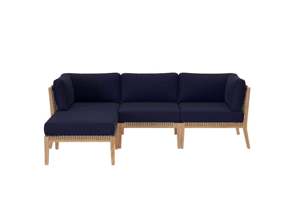 EEI-6121-GRY-NAV Clearwater 4-Piece Outdoor Patio Teak Wood Sectional Sofa By Modway