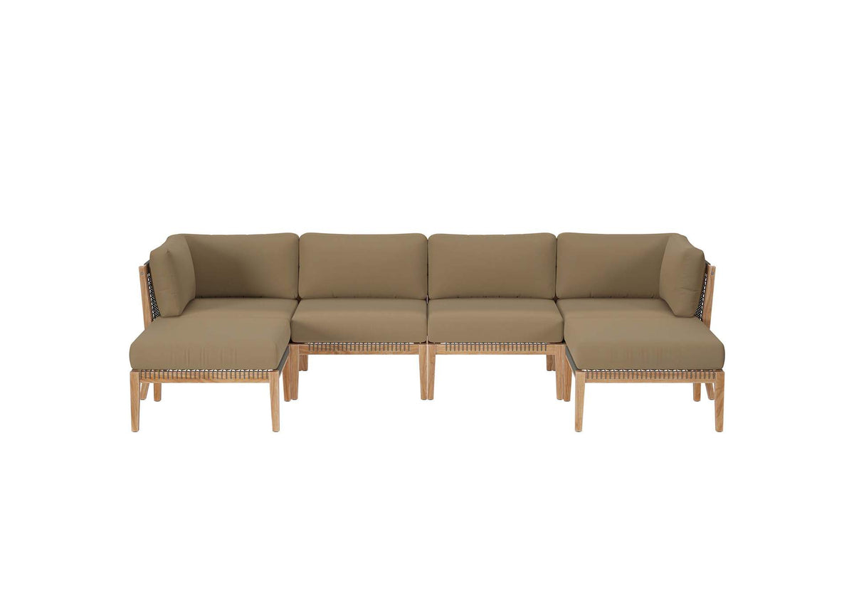 EEI-6122-GRY-LBR Clearwater 6-Piece Outdoor Patio Teak Wood Sectional Sofa By Modway