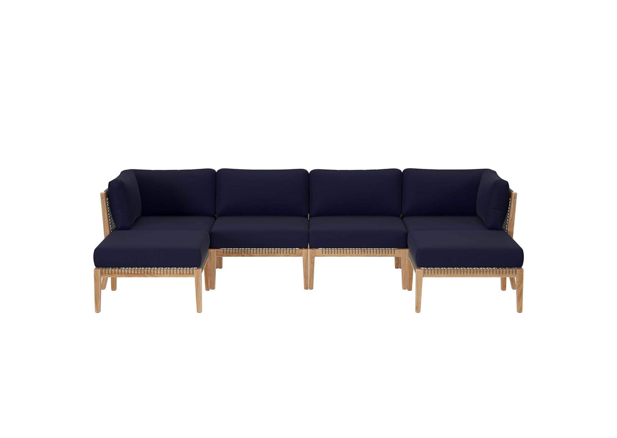 EEI-6122-GRY-NAV Clearwater 6-Piece Outdoor Patio Teak Wood Sectional Sofa By Modway