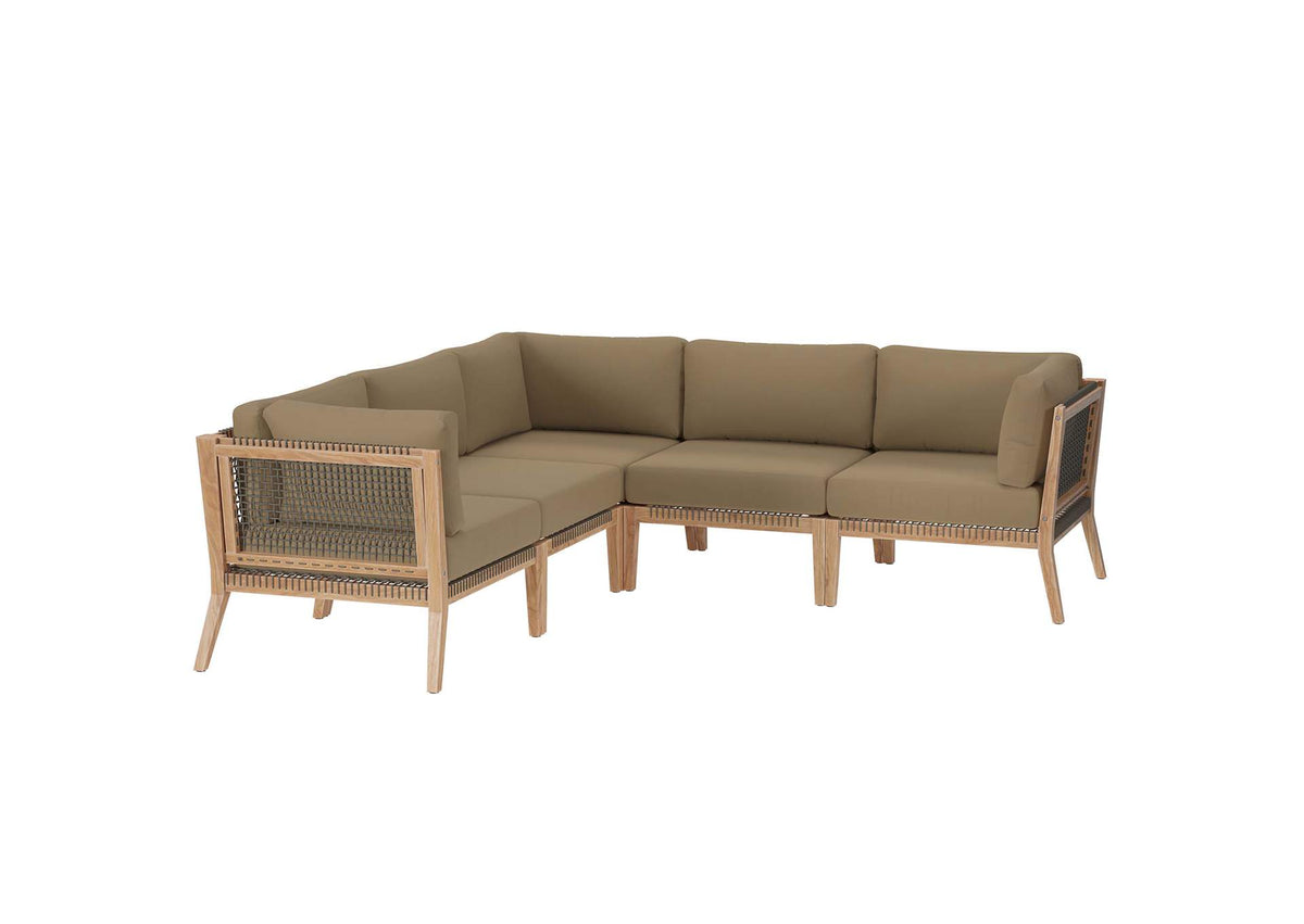 EEI-6123-GRY-LBR Clearwater 5 Piece Outdoor Patio Teak Wood Sectional Sofa By Modway