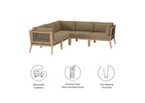 EEI-6123-GRY-LBR Clearwater 5 Piece Outdoor Patio Teak Wood Sectional Sofa By Modway