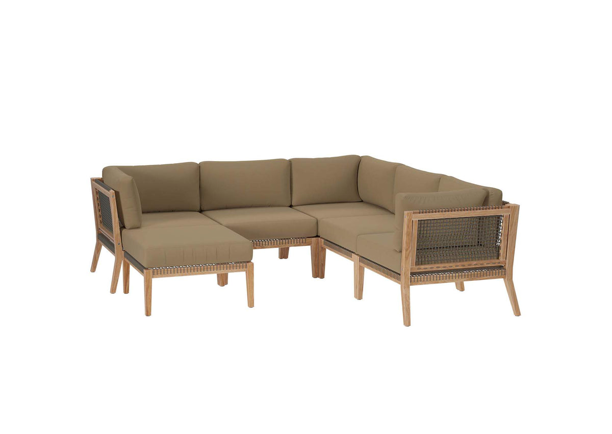 EEI-6124-GRY-LBR Clearwater 6-Piece Outdoor Patio Teak Wood Sectional Sofa By Modway