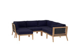 EEI-6124-GRY-NAV Clearwater 6-Piece Outdoor Patio Teak Wood Sectional Sofa By Modway