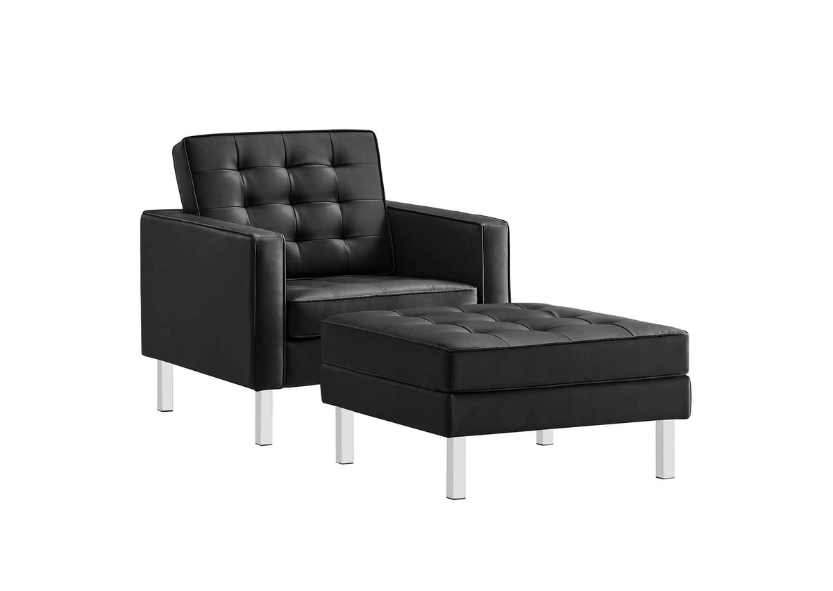 EEI-6409-SLV-BLK-SET Loft Tufted Vegan Leather Armchair And Ottoman Set By Modway