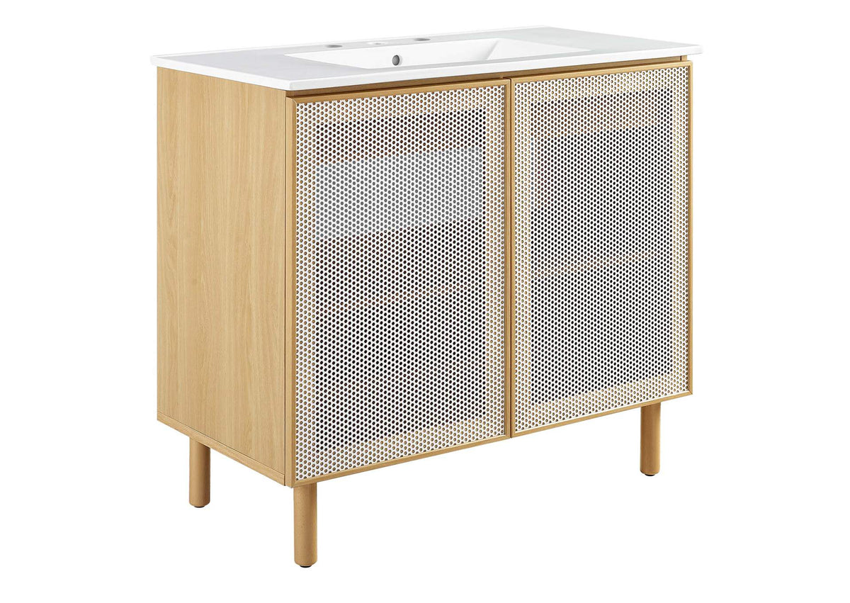 EEI-6678-WHI-OAK Calla 36" Perforated Metal Bathroom Vanity By Modway