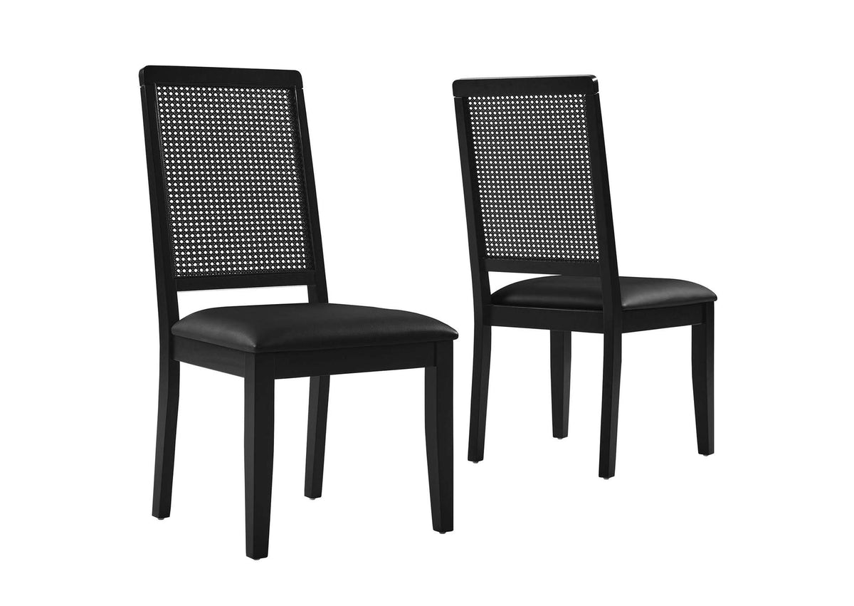 EEI-6802-BLK-BLK-BLK Arlo Vegan Leather Upholstered Faux Rattan And Wood Dining Side Chairs Set Of 2 By Modway