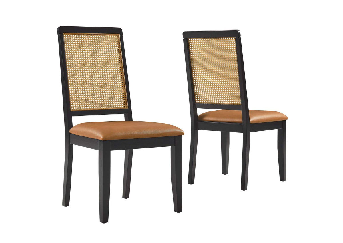 EEI-6802-BLK-NAT-TAN Arlo Vegan Leather Upholstered Faux Rattan And Wood Dining Side Chairs Set Of 2 By Modway