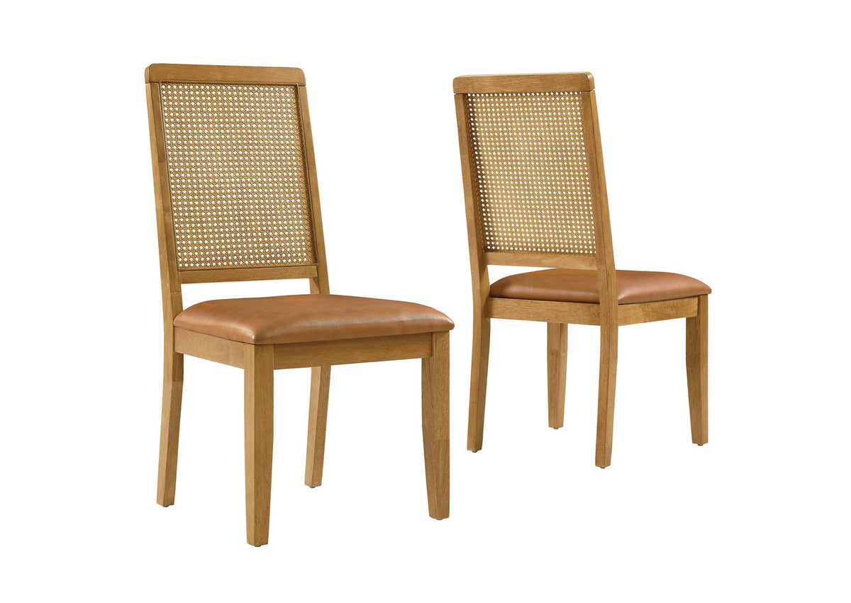 EEI-6802-NAT-NAT-TAN Arlo Vegan Leather Upholstered Faux Rattan And Wood Dining Side Chairs Set Of 2 By Modway