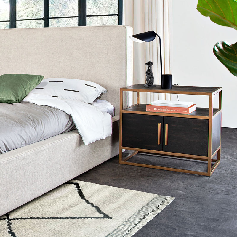 Empire 2-Door End Table in Dark Brown Veneer w/ Hand brushed Gold Metal Frame