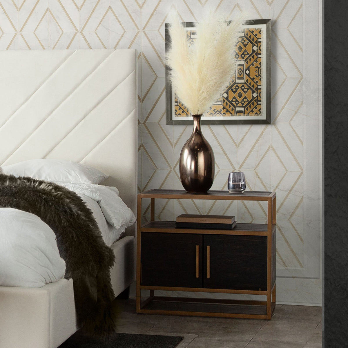 Empire 2-Door End Table in Dark Brown Veneer w/ Hand brushed Gold Metal Frame