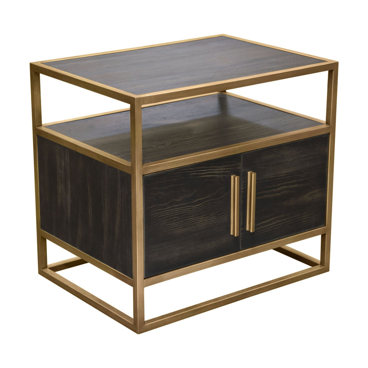 Empire 2-Door End Table in Dark Brown Veneer w/ Hand brushed Gold Metal Frame