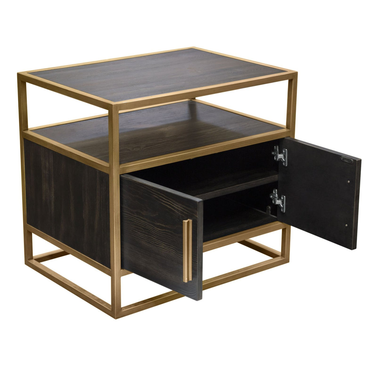Empire 2-Door End Table in Dark Brown Veneer w/ Hand brushed Gold Metal Frame