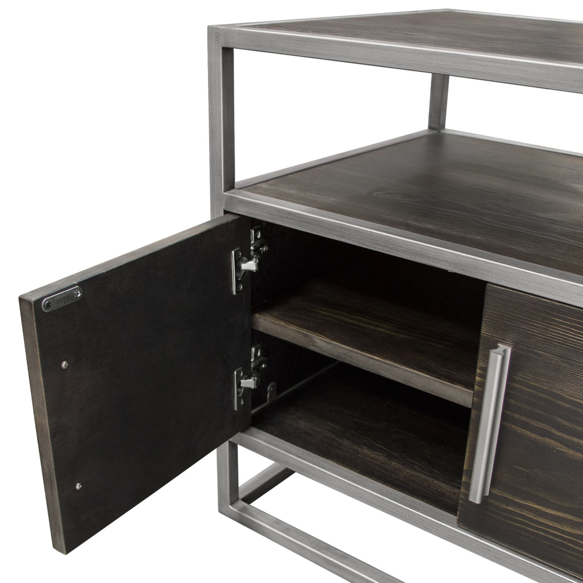 Empire 2-Door End Table in Dark Brown Veneer w/ Hand brushed Silver Metal Frame