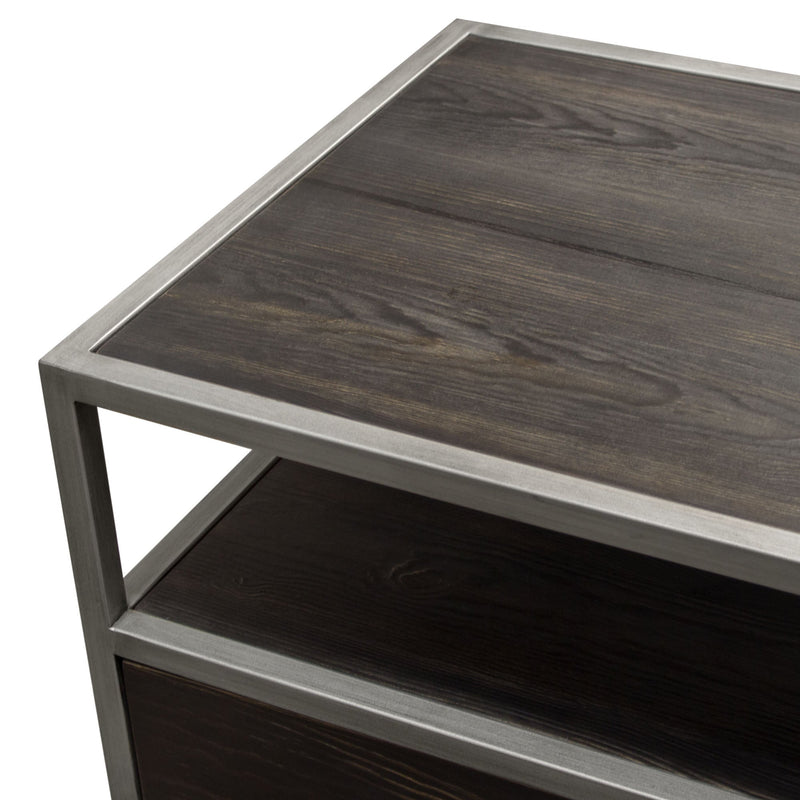 Empire 2-Door End Table in Dark Brown Veneer w/ Hand brushed Silver Metal Frame