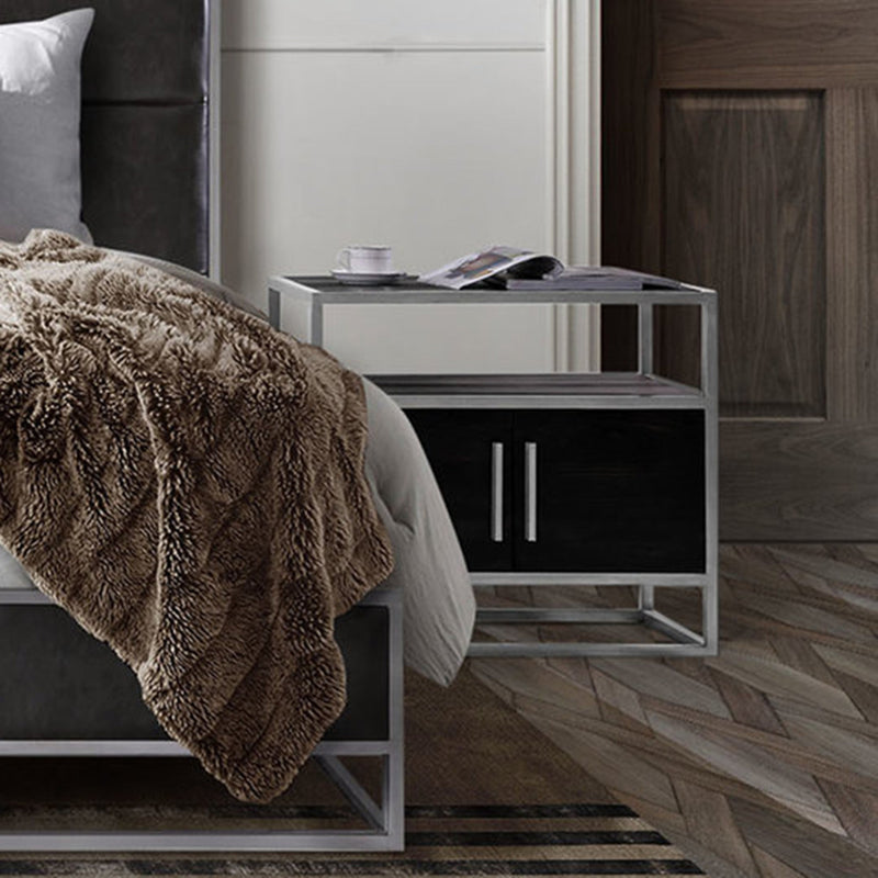 Empire 2-Door End Table in Dark Brown Veneer w/ Hand brushed Silver Metal Frame