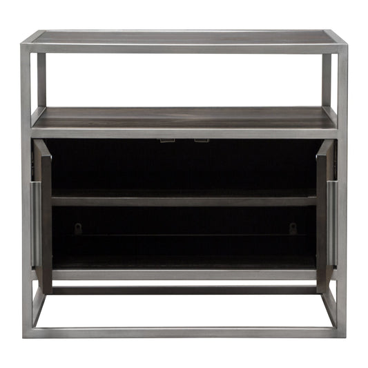 Empire 2-Door End Table in Dark Brown Veneer w/ Hand brushed Silver Metal Frame