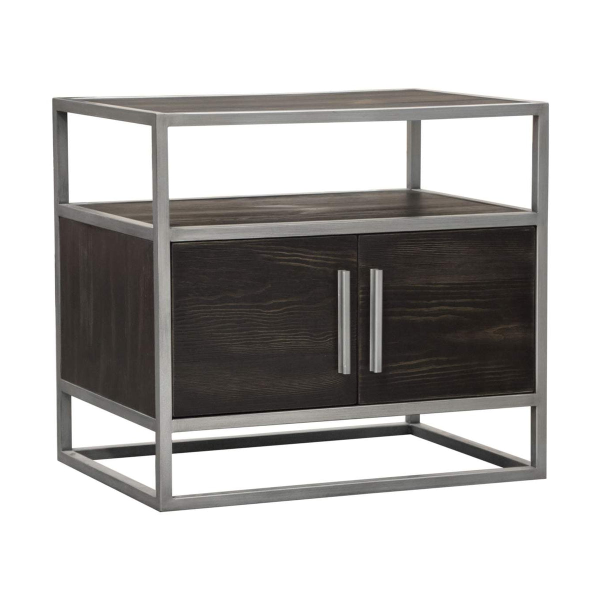 Empire 2-Door End Table in Dark Brown Veneer w/ Hand brushed Silver Metal Frame