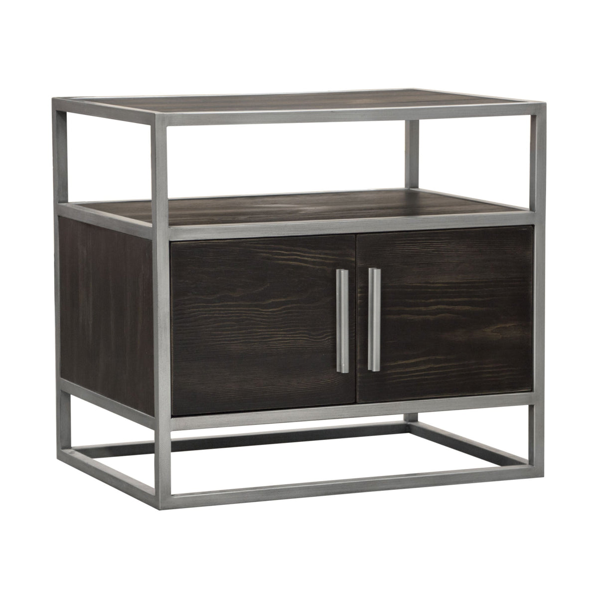 Empire 2-Door End Table in Dark Brown Veneer w/ Hand brushed Silver Metal Frame