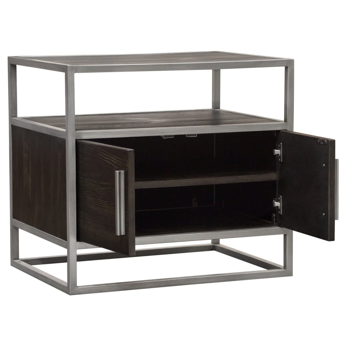 Empire 2-Door End Table in Dark Brown Veneer w/ Hand brushed Silver Metal Frame