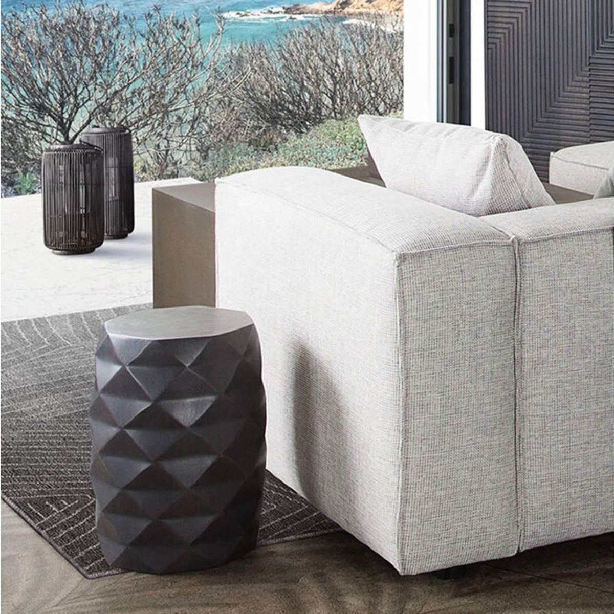 FIGETGR Fig Solid Mango Wood Accent Table In Grey Finish W/ Geometric Motif