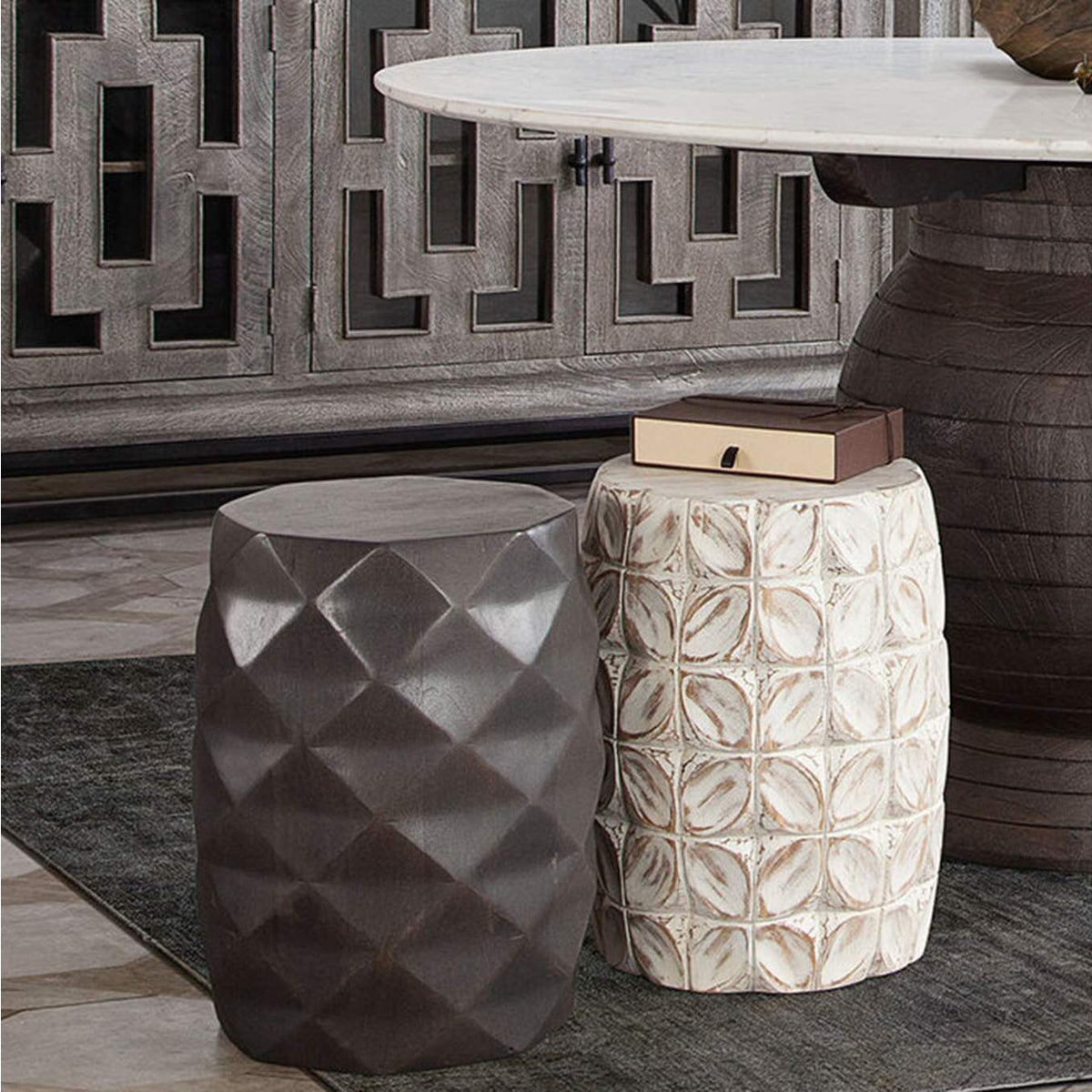 FIGETGR Fig Solid Mango Wood Accent Table In Grey Finish W/ Geometric Motif