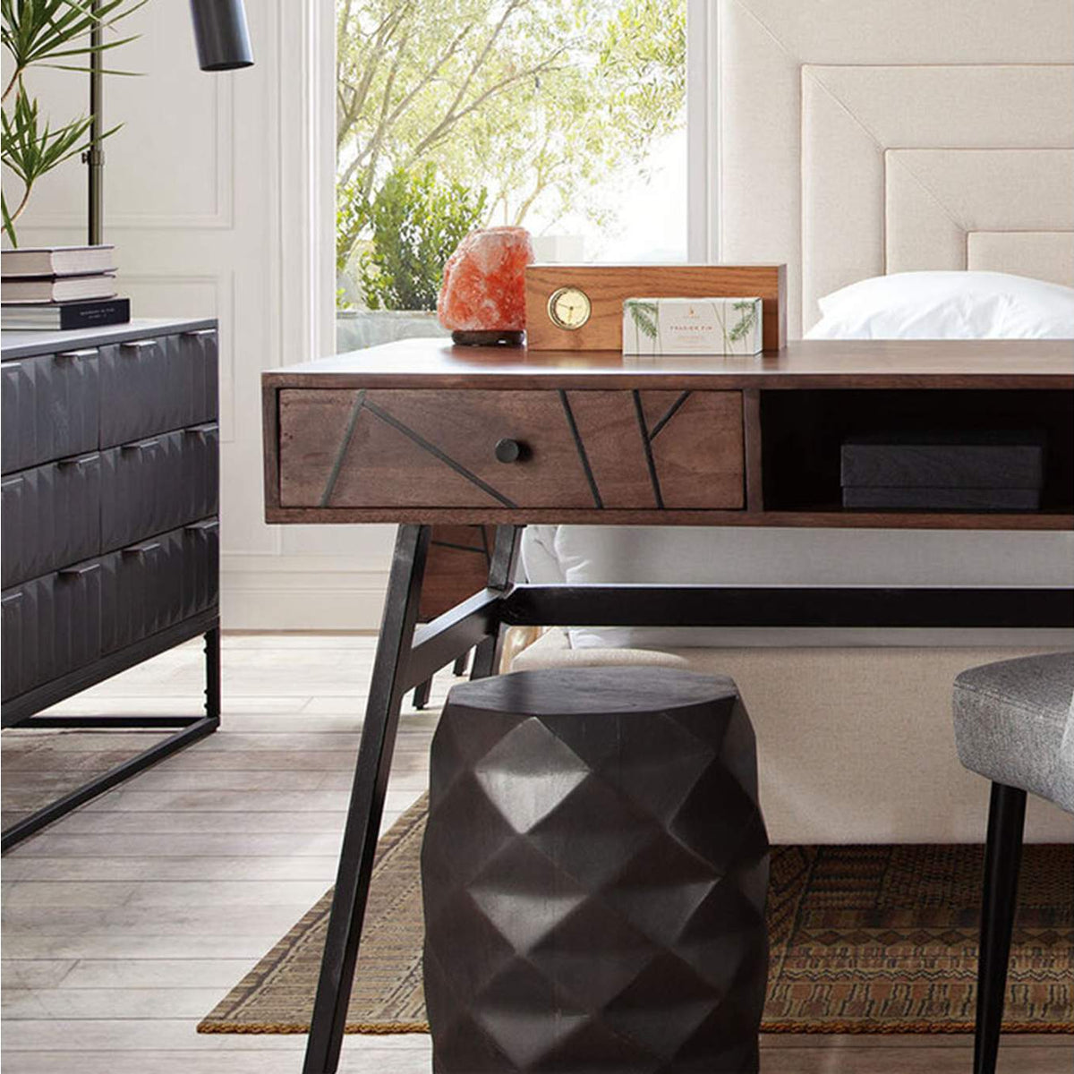 FIGETGR Fig Solid Mango Wood Accent Table In Grey Finish W/ Geometric Motif
