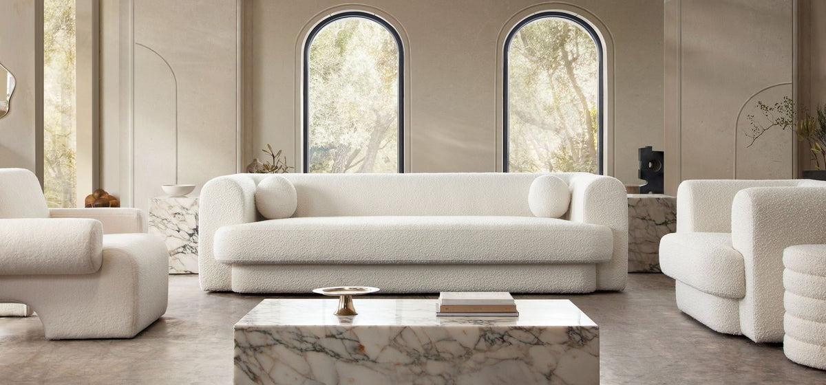 Form Sofa in Ivory Boucle Fabric w/ (2) Accent Pillow Balls