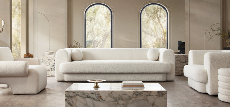 Form Sofa in Ivory Boucle Fabric w/ (2) Accent Pillow Balls