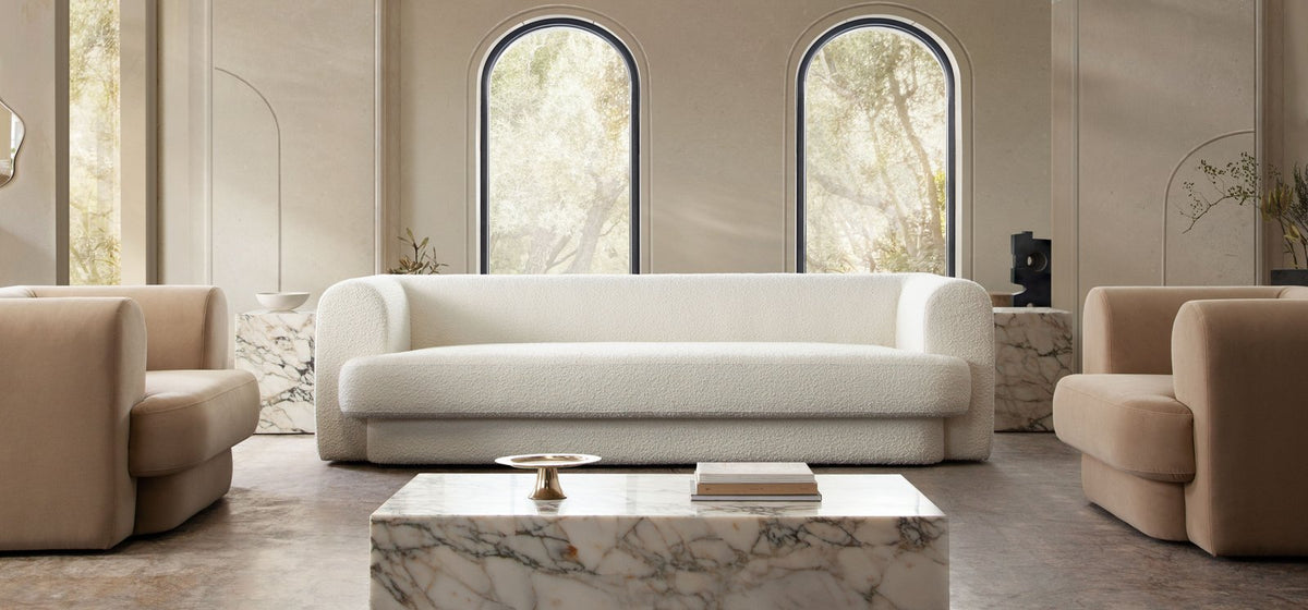 Form Sofa in Ivory Boucle Fabric w/ (2) Accent Pillow Balls