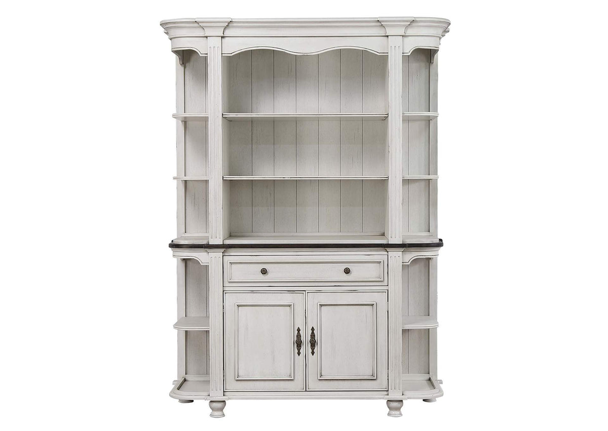DLU-FC-BH Sunset Trading French Chic China Cabinet | Open Storage Display Shelves, Drawer and Doors | Antique White & Walnut Brown Wood | Dining Room, Kitchen Buffet Server & Hutch