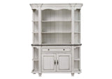 DLU-FC-BH Sunset Trading French Chic China Cabinet | Open Storage Display Shelves, Drawer and Doors | Antique White & Walnut Brown Wood | Dining Room, Kitchen Buffet Server & Hutch