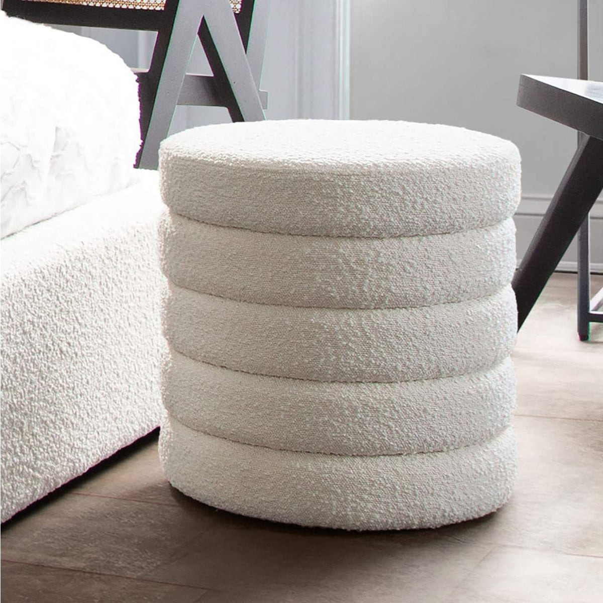 HELIXOTIV Helix Round Accent Ottoman In Ivory Boucle Fabric