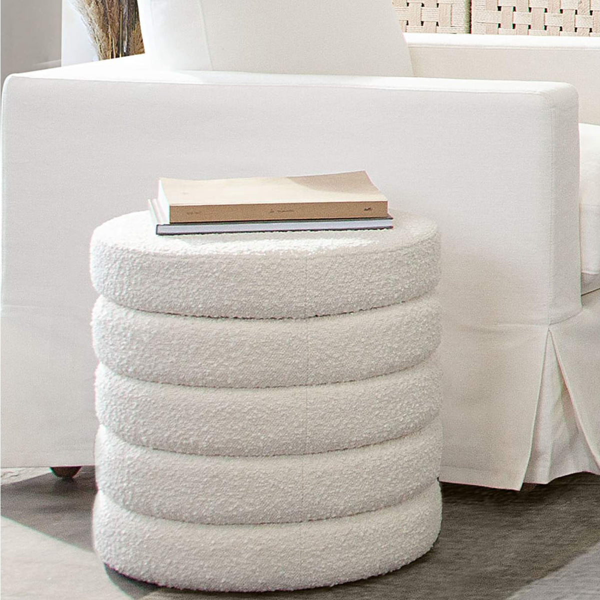 HELIXOTIV Helix Round Accent Ottoman In Ivory Boucle Fabric