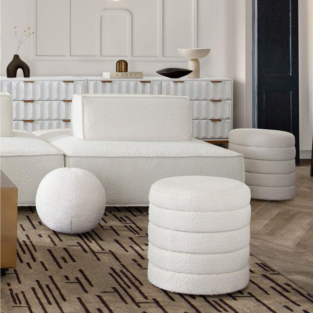 HELIXOTIV Helix Round Accent Ottoman In Ivory Boucle Fabric