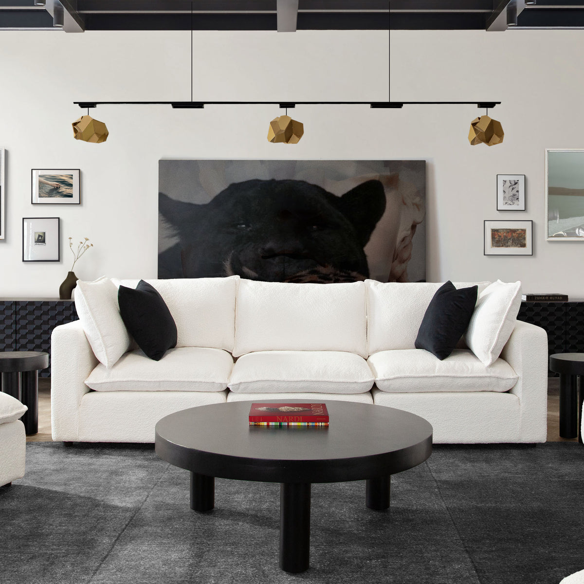Ivy 3-piece Modular Sofa In White Faux Shearling W/ Feather Down Seating