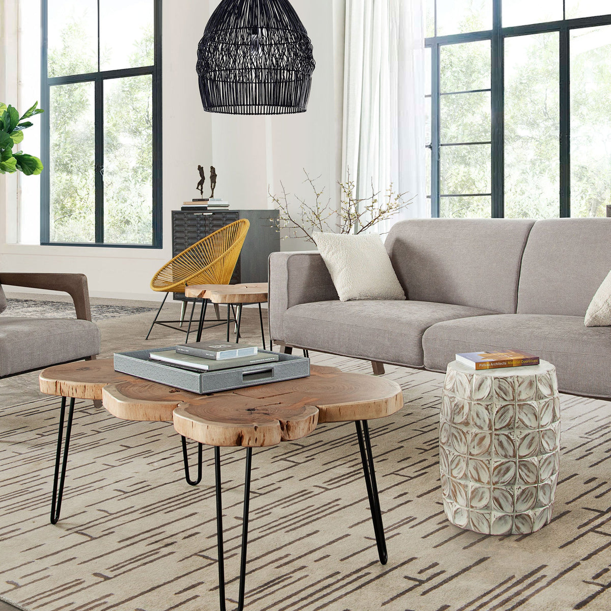 Joss Natural Acacia One of a Kind Live Edge Rectangle Cocktail Table w/ Black Hairpin Legs