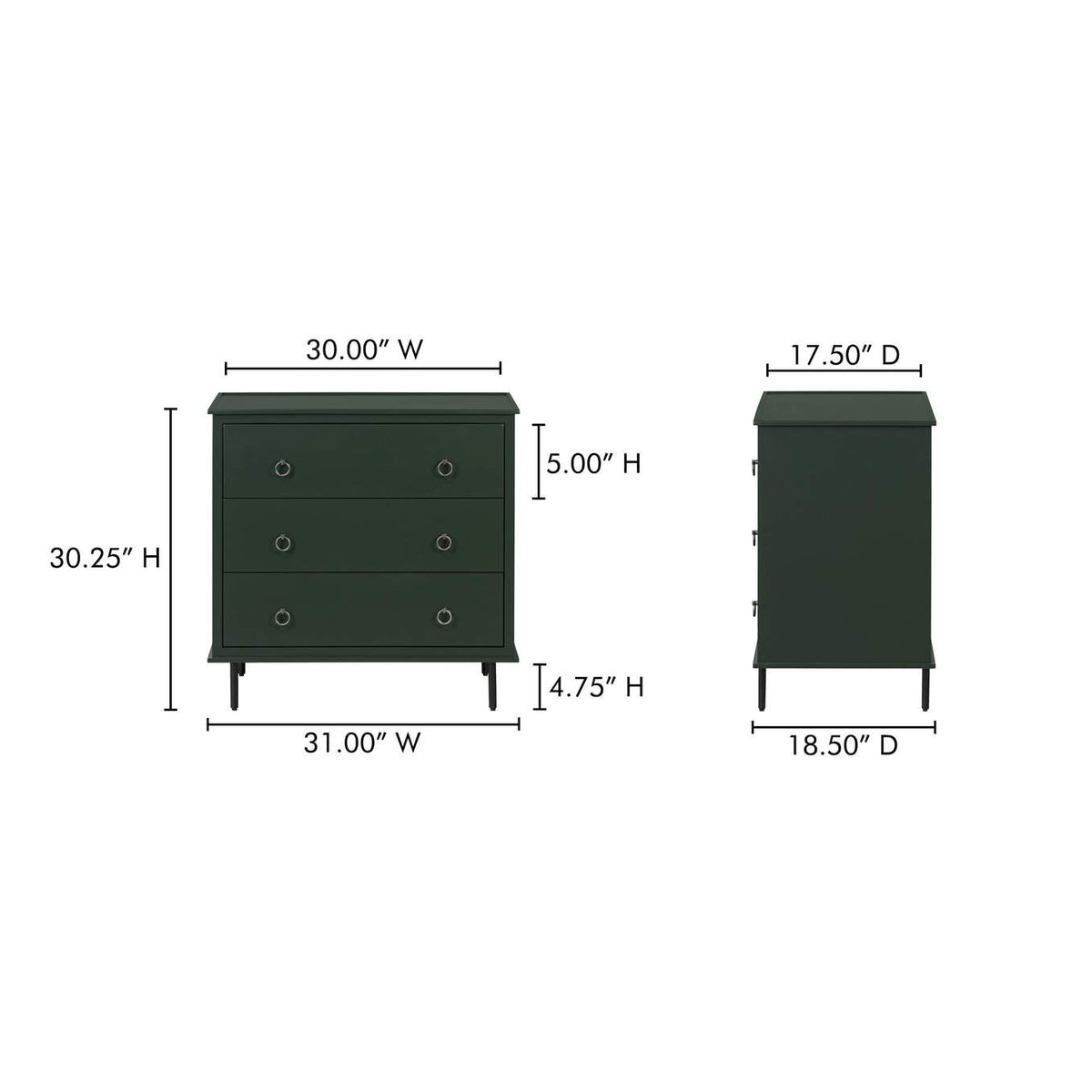 JU-1007-27 Reagan 3 Drawer Nightstand Deep Green