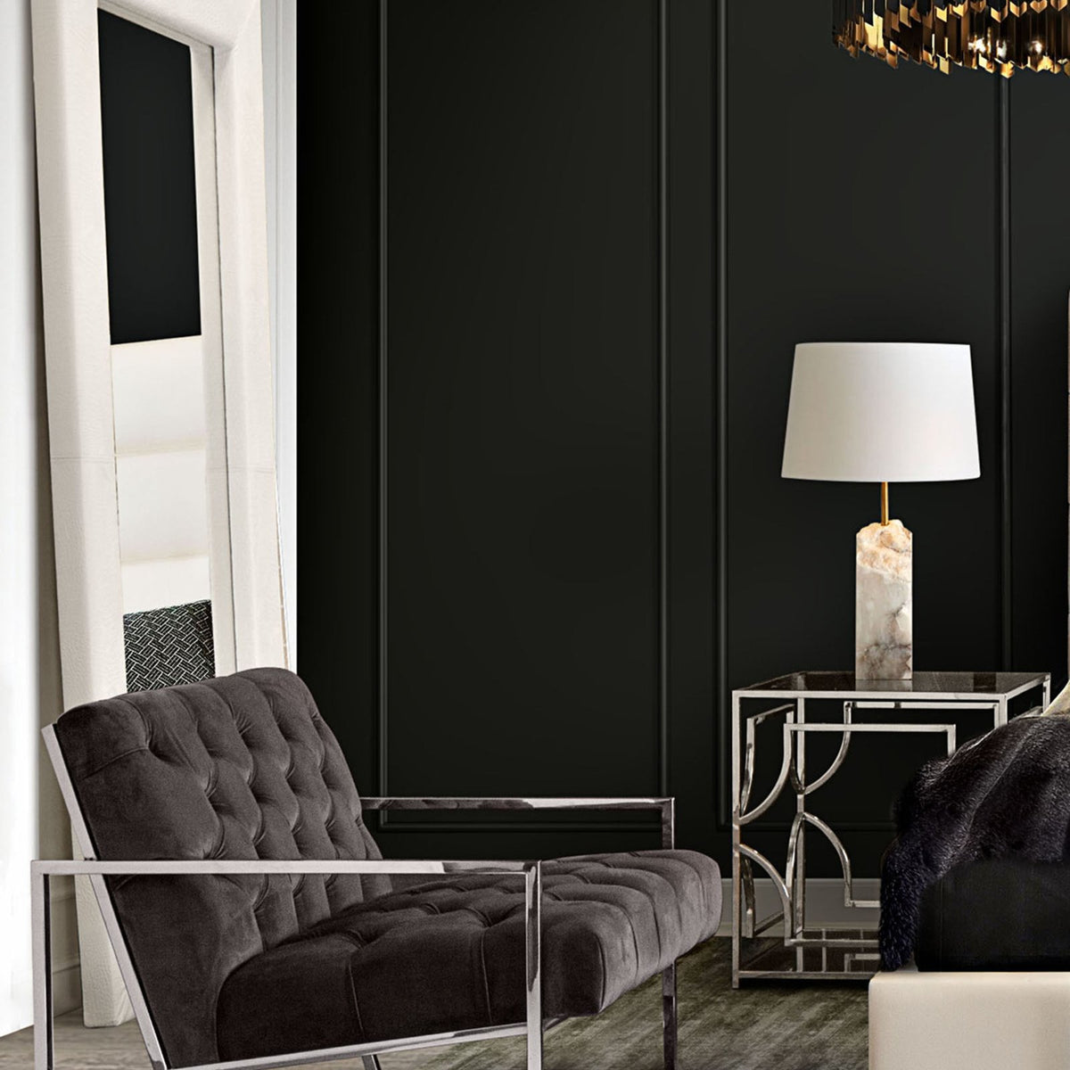 Luxe Accent Chair in Dusk Grey Tufted Velvet Fabric with Polished Stainless Steel Frame