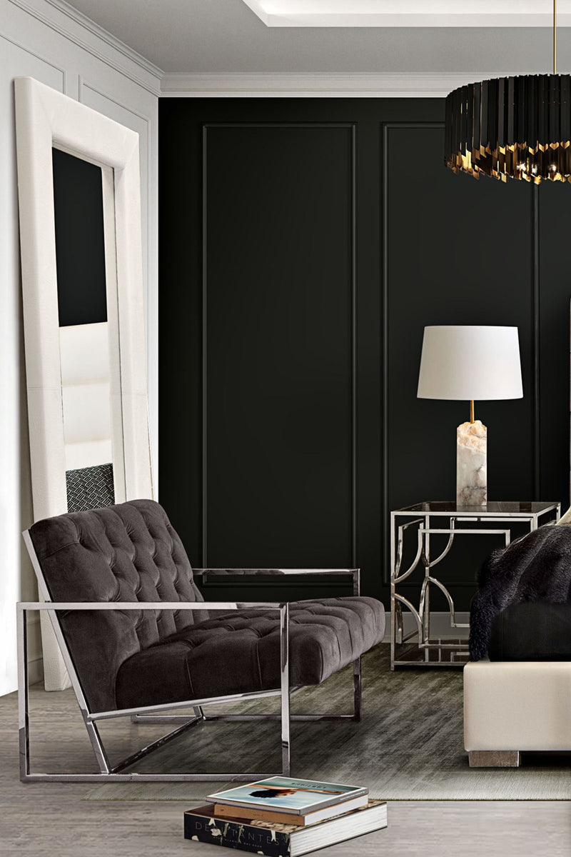 Luxe Accent Chair in Dusk Grey Tufted Velvet Fabric with Polished Stainless Steel Frame