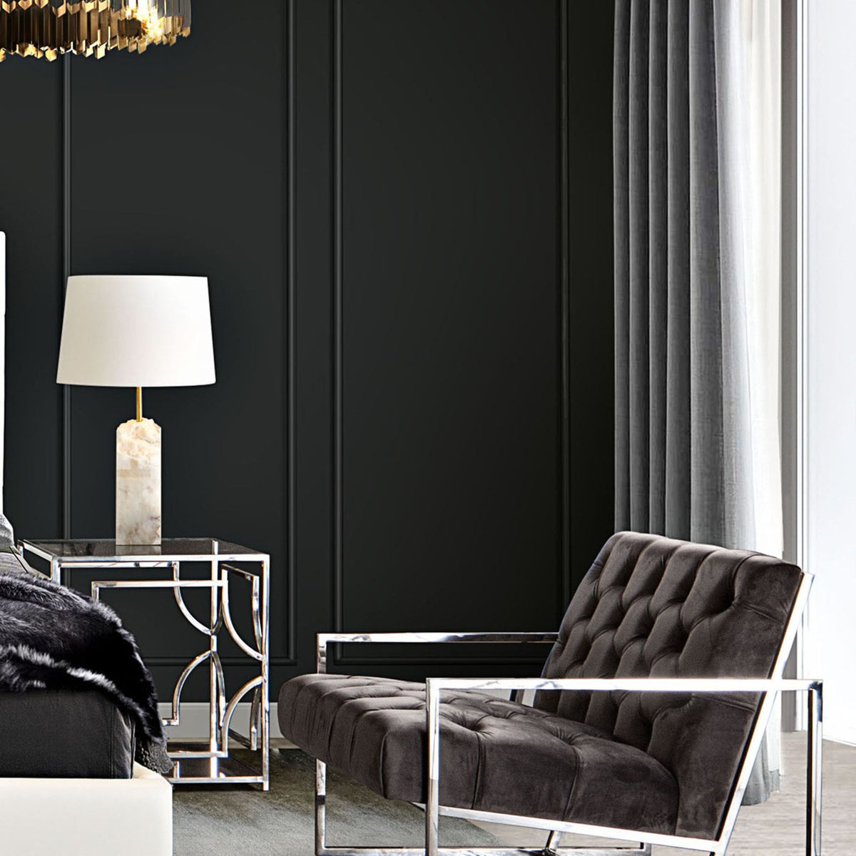 Luxe Accent Chair in Dusk Grey Tufted Velvet Fabric with Polished Stainless Steel Frame