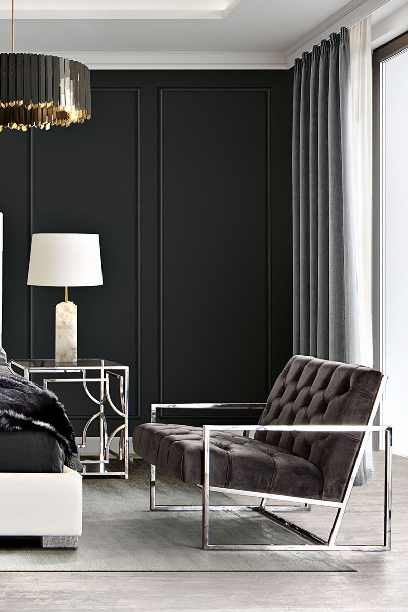 Luxe Accent Chair in Dusk Grey Tufted Velvet Fabric with Polished Stainless Steel Frame