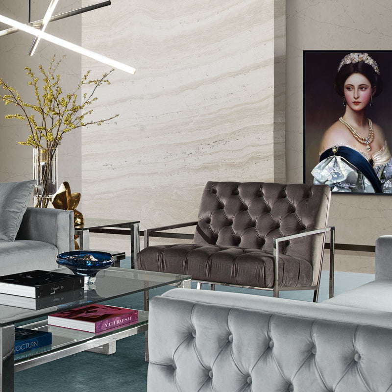 Luxe Accent Chair in Dusk Grey Tufted Velvet Fabric with Polished Stainless Steel Frame